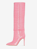 Stivali alti al ginocchio rosa Stivali con tacco alto a punta con motivo coccodrillo