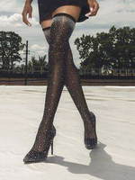 Stivali alti alla coscia con tacco a spillo e strass da donna