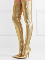 Stivali alti alla coscia da donna Stivali invernali da donna in pelle lucida con punta a punta in oro chiaro