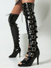 Stivali alti alla coscia neri sexy Stivali aperti con fibbia a punta aperta con tacco alto sopra il ginocchio