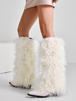 Stivali alti fino al ginocchio bianchi con punta a punta in pelliccia sintetica con tacco spesso per donna