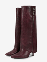 Stivali alti fino al ginocchio color bordeaux punta affilata cerniera tacco alto pieghevoli