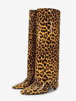 Stivali alti fino al ginocchio con tacco alto e punta leopardata stivaletti pieghevoli