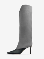 Stivali alti fino al ginocchio con tacco alto e punta tonda patchwork stivali larghi al polpaccio