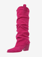 Stivali alti fino al ginocchio con tacco spesso e punta aguzza in pelle scamosciata da donna