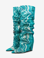 Stivali alti fino al ginocchio con zeppa ripiegabile e grafica da donna lunghezza al ginocchio