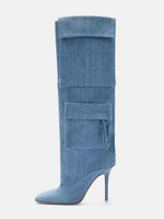 Stivali alti fino al ginocchio da donna in denim con punta a punta tasche e tacco alto