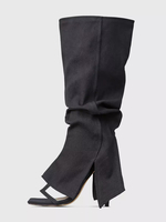 Stivali alti fino al ginocchio da donna in denim con punta aperta e tacco alto