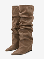 Stivali alti fino al ginocchio da donna in pelle scamosciata con punta affilata e stivaletti piatti pieghevoli