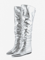 Stivali alti fino al ginocchio in argento stivali piatti slouchy con punta affilata metallizzata