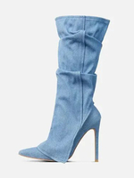 Stivali alti fino al ginocchio in denim da donna con punta a punta e tacco alto