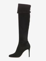 Stivali alti fino al ginocchio in pelle scamosciata con punta a punta pieghevoli con tacco alto per donna