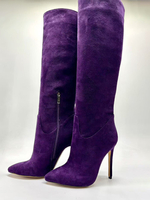 Stivali alti fino al ginocchio in pelle scamosciata con punta affilata cerniera e tacco alto