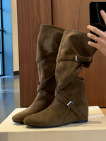 Stivali alti fino al ginocchio in pelle scamosciata da donna con punta tonda fibbia e dettaglio incrociato stivali piatti