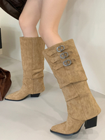 Stivali alti fino al ginocchio in pelle scamosciata punta a punta fibbia tacco spesso stivali western