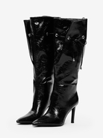 Stivali alti fino al ginocchio neri da donna con punta a punta e polpaccio largo