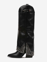 Stivali alti fino al ginocchio neri da donna con strass punta affilata tacco spesso pieghevoli