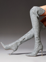 Stivali alti fino alla coscia con glitter stivali sopra il ginocchio con punta argentata e tacco alto
