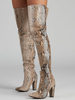 Stivali alti fino alla coscia con tacco alto da donna con punta a punta e motivo serpente sopra il ginocchio