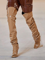 Stivali alti fino alla coscia da donna con punta quadrata tacco arricciato stivali sopra il ginocchio