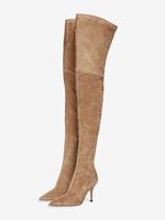 Stivali alti fino alla coscia in pelle scamosciata con tacco alto e punta a punta sopra il ginocchio