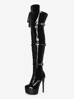 Stivali alti fino alla coscia neri sexy da donna con plateau fibbia lacci e stivali sopra il ginocchio