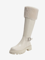 Stivali bianchi piatti alti fino al ginocchio con punta tonda e stivali a metà polpaccio per le donne