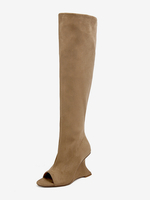 Stivali con tacco alto in pelle scamosciata con punta aperta e tacco sopra il ginocchio