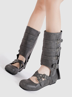 Stivali da ballerina da donna con punta tonda fibbia e tacco medio piatto