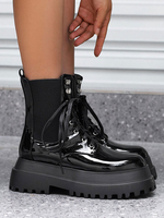 Stivali da combattimento neri Stivaletti con tacco grosso con punta tonda in vernice PU