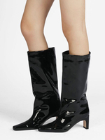 Stivali da donna a metà polpaccio con tacco grosso in vernice lucida