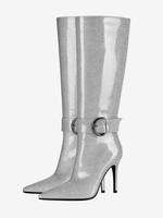 Stivali da donna al ginocchio con tacco alto punta argentata fibbia e dettaglio per feste
