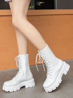 Stivali da donna alla caviglia White Round Toe Lace Up Dettagli Stivali alla caviglia piatti