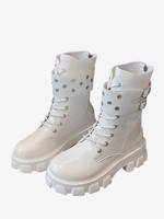 Stivali da donna caviglia bianca toppa toppa allaccia su stivaletti piatti