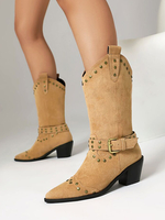 Stivali da donna con punta affilata tacco spesso tomaia in micro suede color albicocca a metà polpaccio