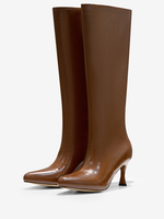 Stivali da donna con tacco a spillo e punta aguzza bianchi e crêpe a metà polpaccio