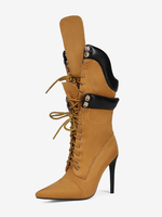 Stivali da donna in pelle scamosciata con punta a punta tacco alto e lacci a metà polpaccio