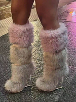 Stivali da donna in pelliccia sintetica punta tonda tacco a zeppa trasparente alti fino al ginocchio