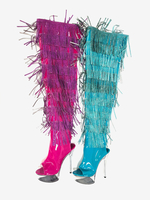 Stivali da donna sexy con plateau punta aperta cerniera tacco a spillo stivali alti fino alla coscia con strass e nappe Rave Club