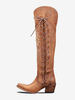 Stivali da donna sopra il ginocchio western marrone caffè con punta affilata e lacci alti fino alla coscia
