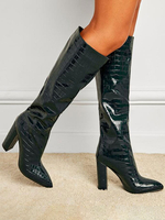 Stivali da donna Stivali alti al ginocchio in pelle PU con tacco grosso e punta a punta