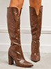 Stivali da donna Stivali alti al ginocchio marrone caffè con punta a punta e tacco grosso in pelle PU