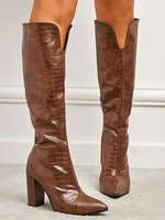 Stivali da donna Stivali alti al ginocchio marrone caffè con punta a punta e tacco grosso in pelle PU