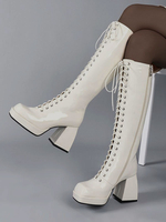 Stivali da donna Stivali alti fino al ginocchio bianchi con cerniera e tacco grosso con cerniera