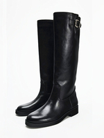 Stivali da equitazione piatti con punta tonda e fibbia da donna neri alti fino al ginocchio