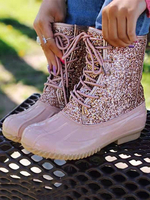 Stivali da pioggia da donna Stivali da anatra con lacci in tessuto con paillettes e punta tonda