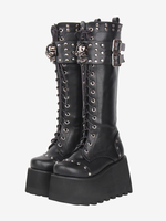 Stivali Gothic Lolita in pelle sintetica con punta tonda e tacco a zeppa nero scarpe Lolita