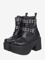 Stivali Gothic Lolita in pelle sintetica con punta tonda e tacco spesso nero. Scarpe Lolita