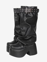 Stivali Gothic Lolita neri in PU con punta rotonda in PU e tacco spesso in pelle Lolita