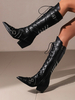 Stivali in pelle PU neri con punta a punta e tacco grosso a metà polpaccio per stivali da donna